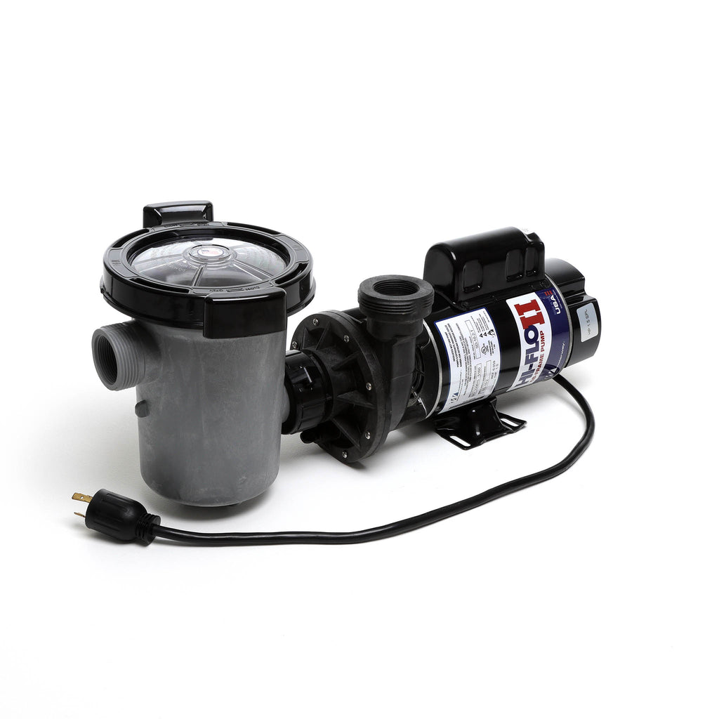 Waterway 2 HP Hi-Flo 2 dual-speed above ground pump with black motor housing, gray pump body, clear strainer lid, and attached black power cord