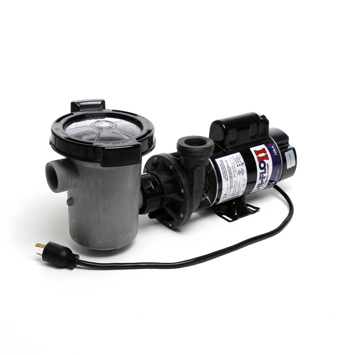 Waterway 2 HP Hi-Flo 2 dual-speed above ground pump with black motor housing, gray pump body, clear strainer lid, and attached black power cord