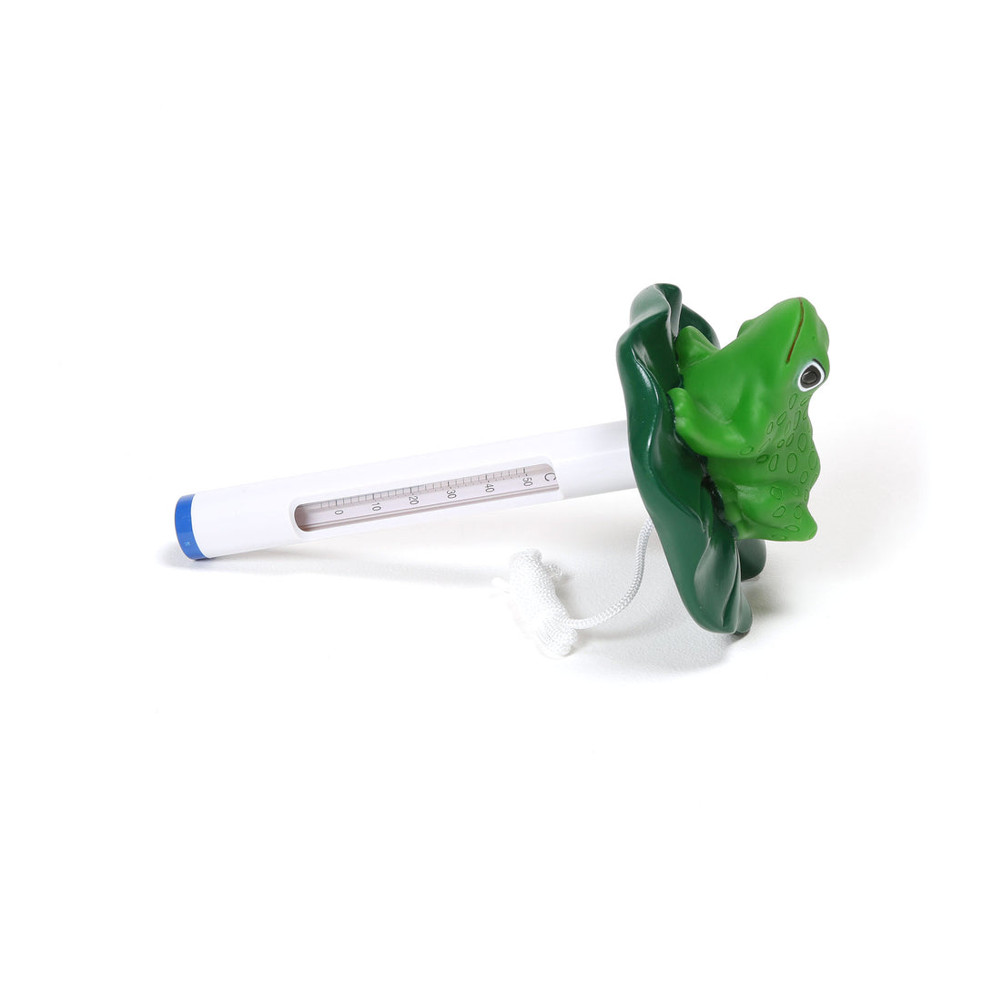 Ocean Blue floating frog thermometer with a green frog sitting on a dark green lily pad attached to a white tube with visible temperature scale and attached white string