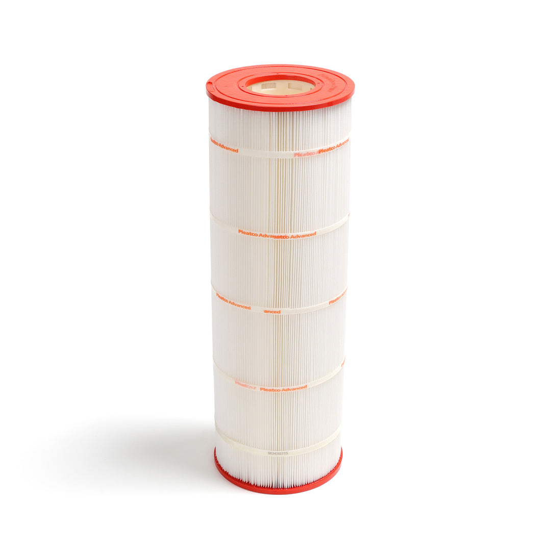 Pleatco PSR100 spa filter cartridge with white pleated surface and red plastic end caps standing vertically on white background