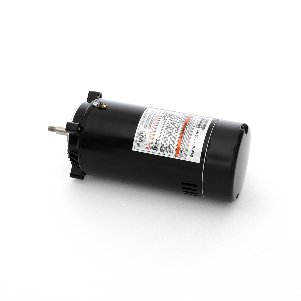 Century pool pump motor with black cylindrical body and threaded silver shaft lying horizontally showing label with specifications