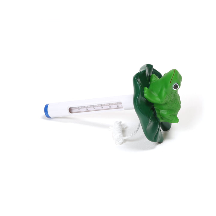 ocean blue floating frog thermometer with green frog figure sitting on a dark green lily pad attached to a white temperature scale tube with blue end cap and white cord