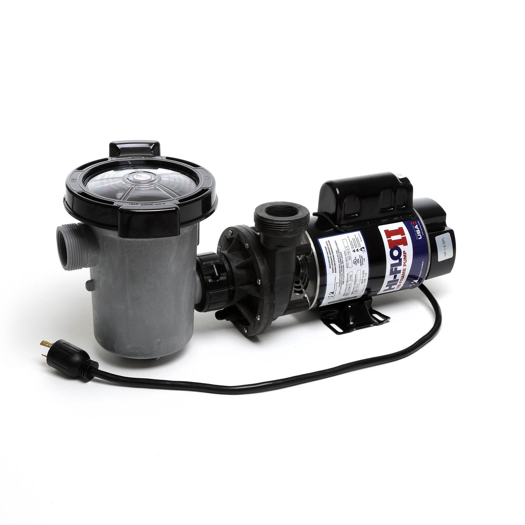Waterway 2 HP Hi-Flo 2 dual-speed above ground pump with gray filter basket, black motor housing, and attached twist-lock cord