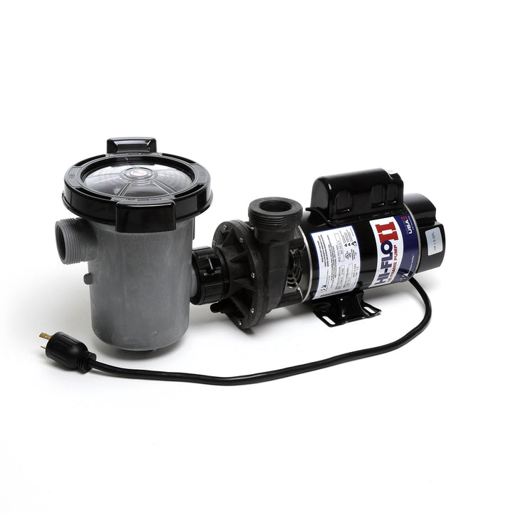 Waterway 2 HP Hi-Flo 2 dual-speed above ground pump with gray filter basket, black motor housing, and attached twist-lock cord