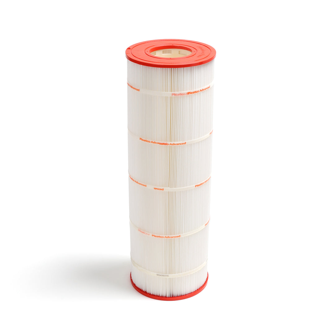 Pleatco PSR100 spa filter cartridge with white pleated material and red top and bottom caps in cylindrical shape