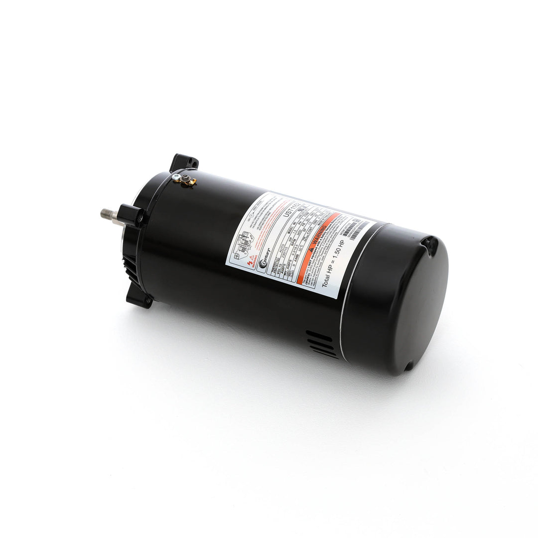 Century pool pump motor in black metal housing with threaded shaft and white label showing specifications