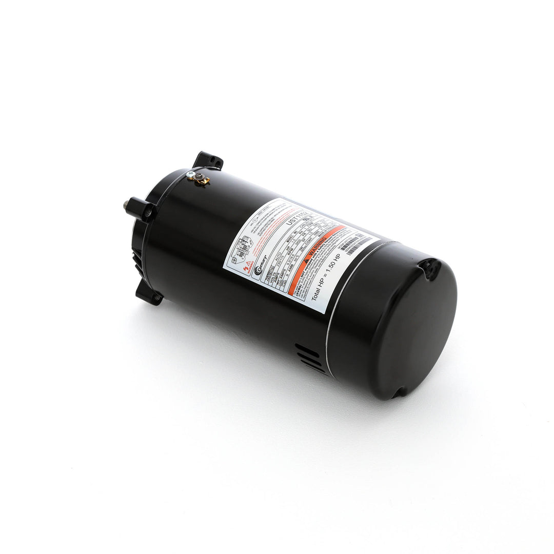 black Century pool pump motor with a cylindrical shape and threaded shaft showing a detailed white label with specifications and warnings
