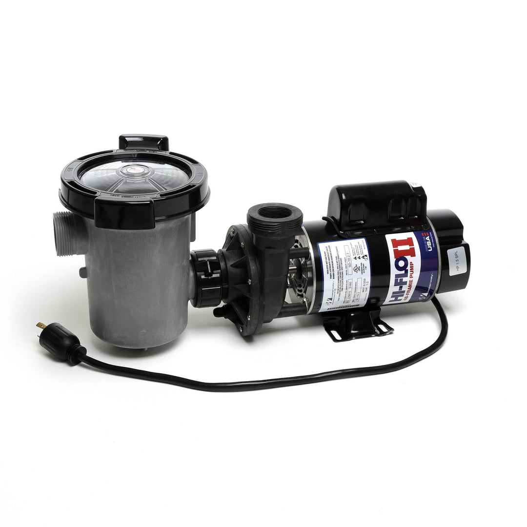 Waterway 2 HP Hi-Flo 2 dual-speed above ground pump with gray plastic strainer housing and black motor with labels and attached 115V twist-lock power cord