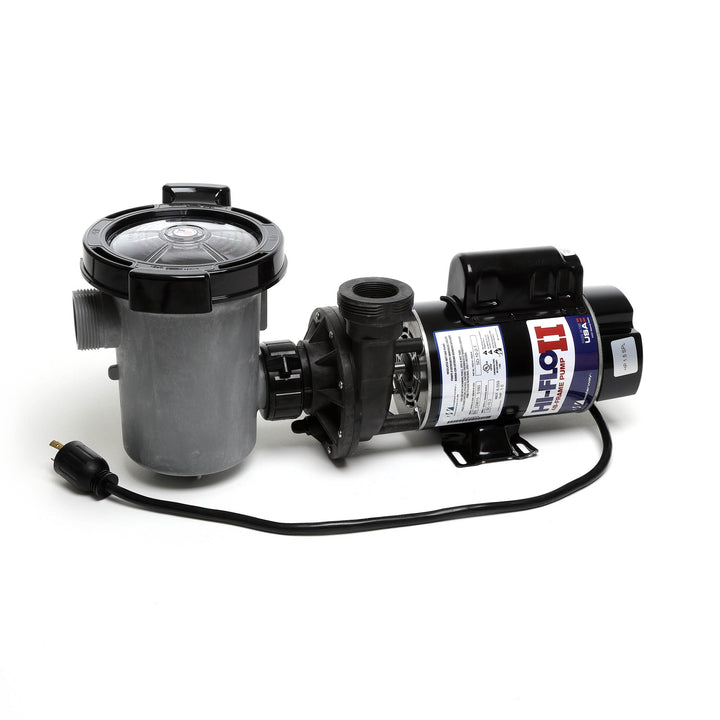 Waterway 2 HP Hi-Flo 2 dual-speed above ground pump with gray plastic strainer housing and black motor with labels and attached 115V twist-lock power cord