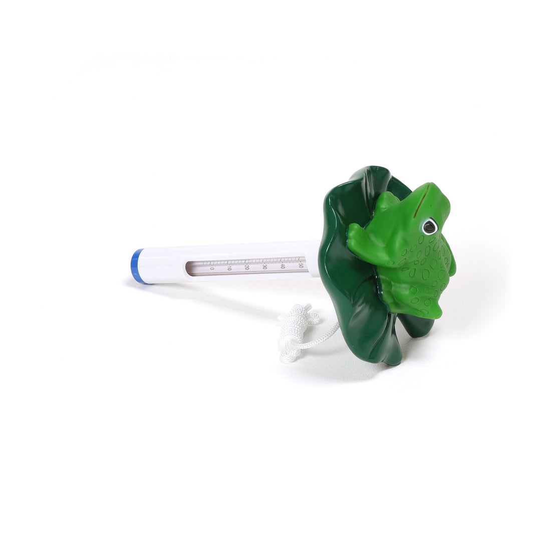 Ocean Blue floating frog thermometer with a green frog figure mounted on a dark green lily pad attached to a white cylindrical temperature gauge with a blue tip and hanging white cord