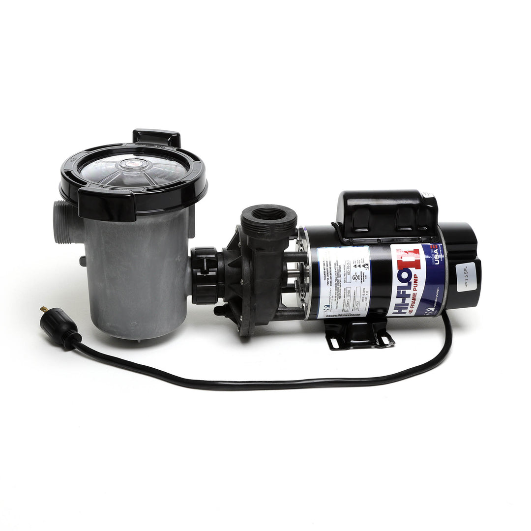 Waterway 2 HP Hi-Flo 2 dual-speed above ground pool pump with black motor housing and clear strainer lid connected to gray body with attached 115V twist-lock power cord