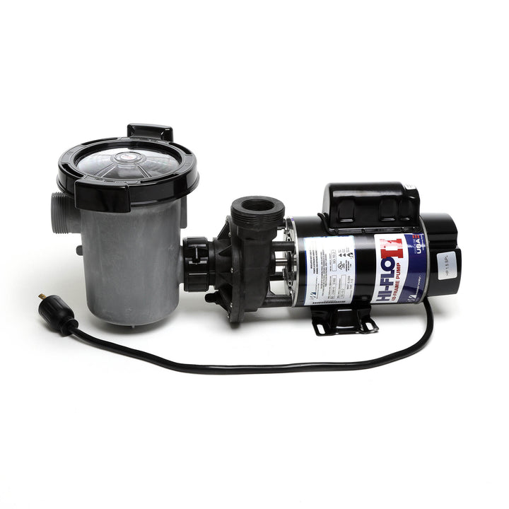 Waterway 2 HP Hi-Flo 2 dual-speed above ground pool pump with black motor housing and clear strainer lid connected to gray body with attached 115V twist-lock power cord