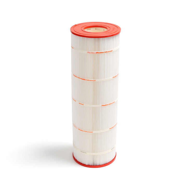 Pleatco PSR100 spa filter cartridge with white pleated filter material and red rubber end caps shown standing upright on white background