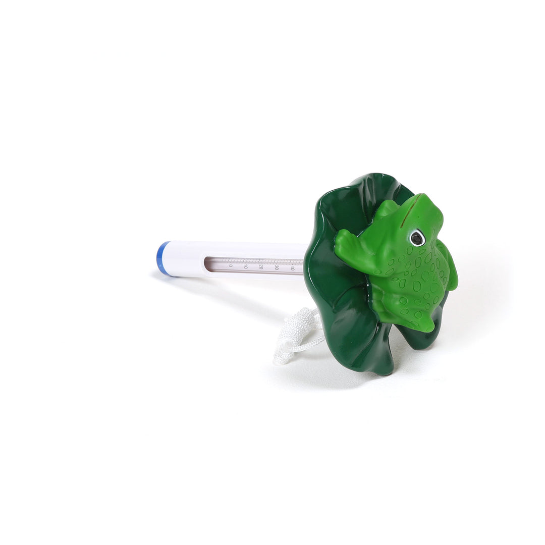 Ocean Blue floating frog pool thermometer with green frog sitting on dark green lily pad attached to white plastic stem with temperature scale and blue cap