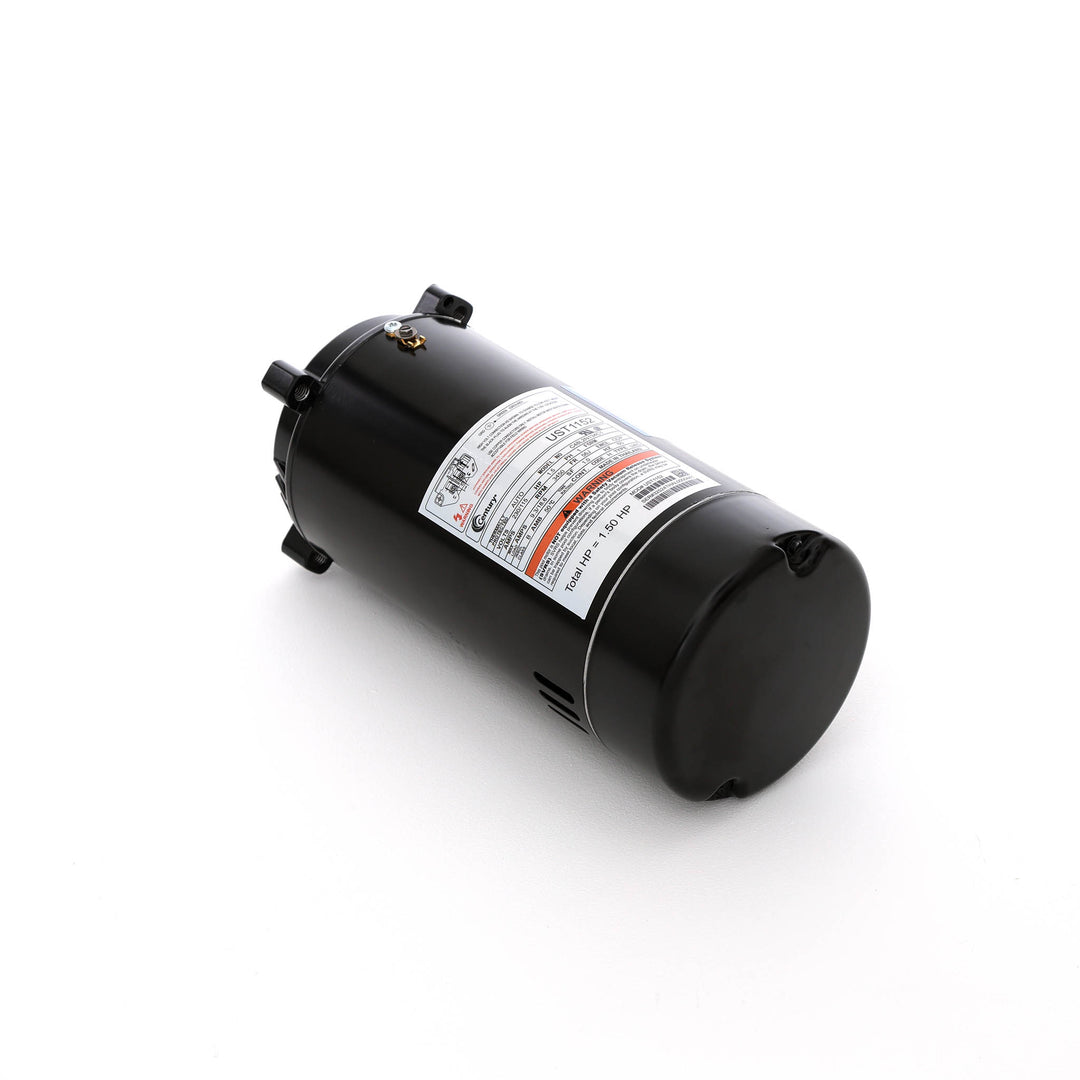 Century pool pump motor UST1152 in black cylindrical metal housing with a white label showing specifications and warnings