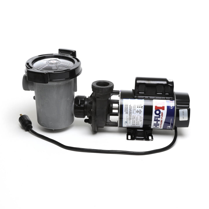 Waterway 2 HP Hi-Flo 2 dual-speed above ground pump with black motor housing and gray strainer basket featuring a clear lid and attached 115V twist-lock power cord