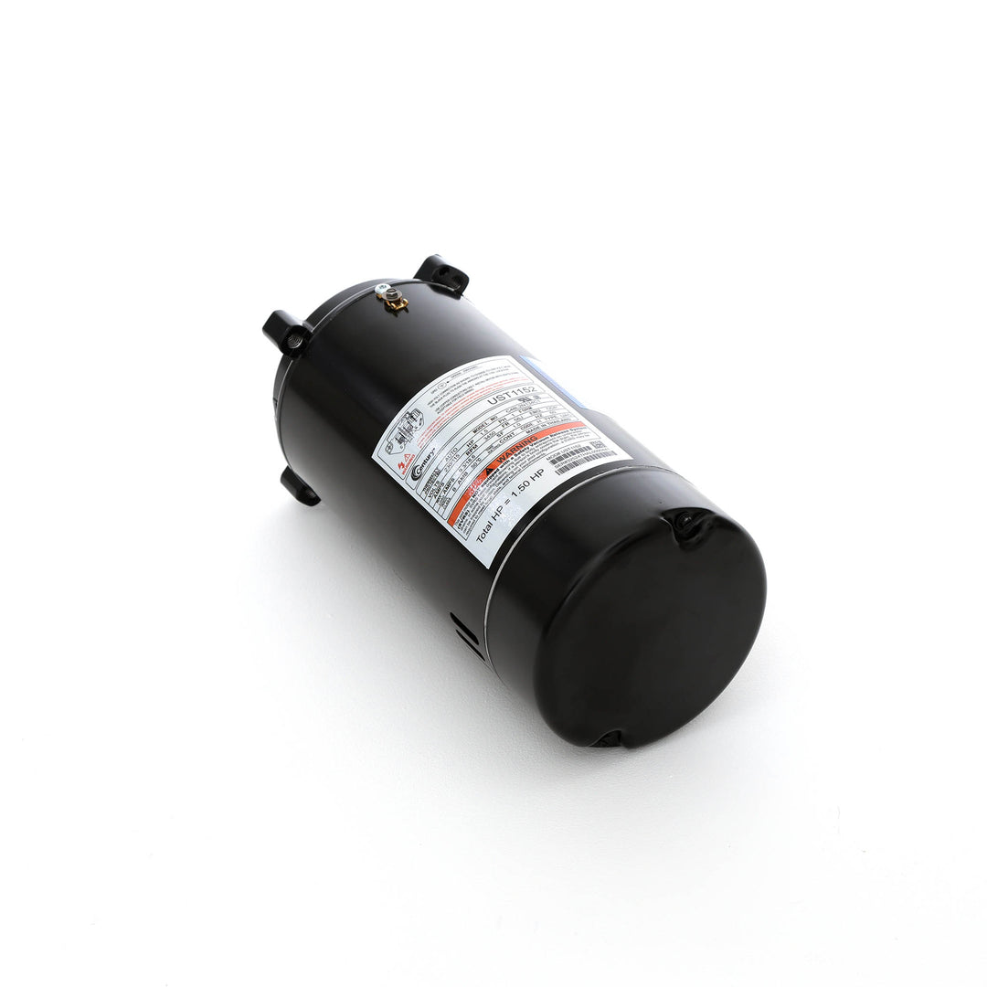 century pool pump motor 1.5hp model ust1152 black cylindrical body with torque specs label and threaded shaft mounting points