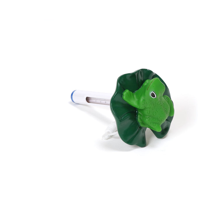 Ocean Blue floating frog thermometer with green frog atop dark green lily pad and white floating stake with temperature scale visible