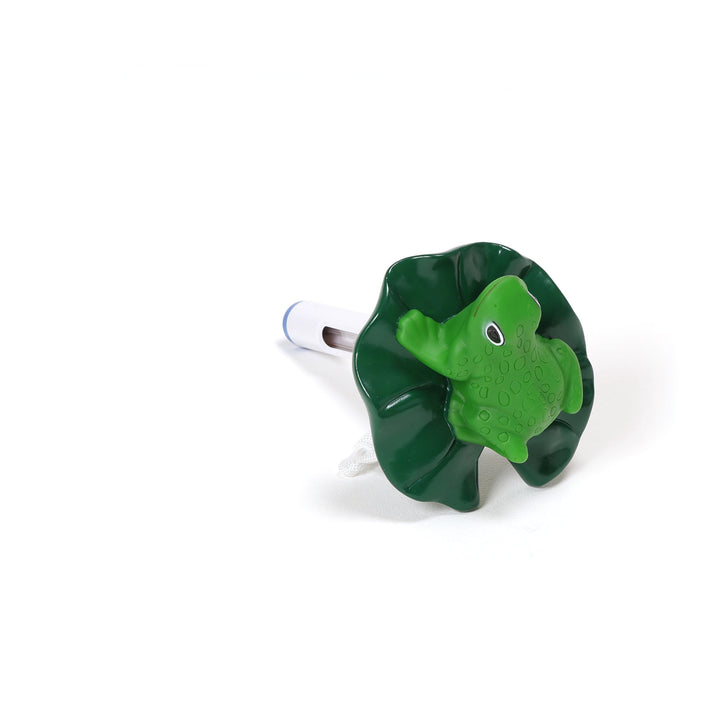 Ocean Blue floating frog pool thermometer with green frog on dark green leaf base and white cylindrical temperature gauge