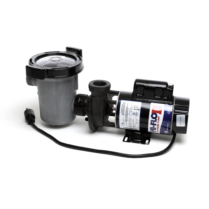 Waterway 2 HP Hi-Flo 2 dual-speed above ground pump in black with gray basket and clear lid shown with 115V twist-lock power cord