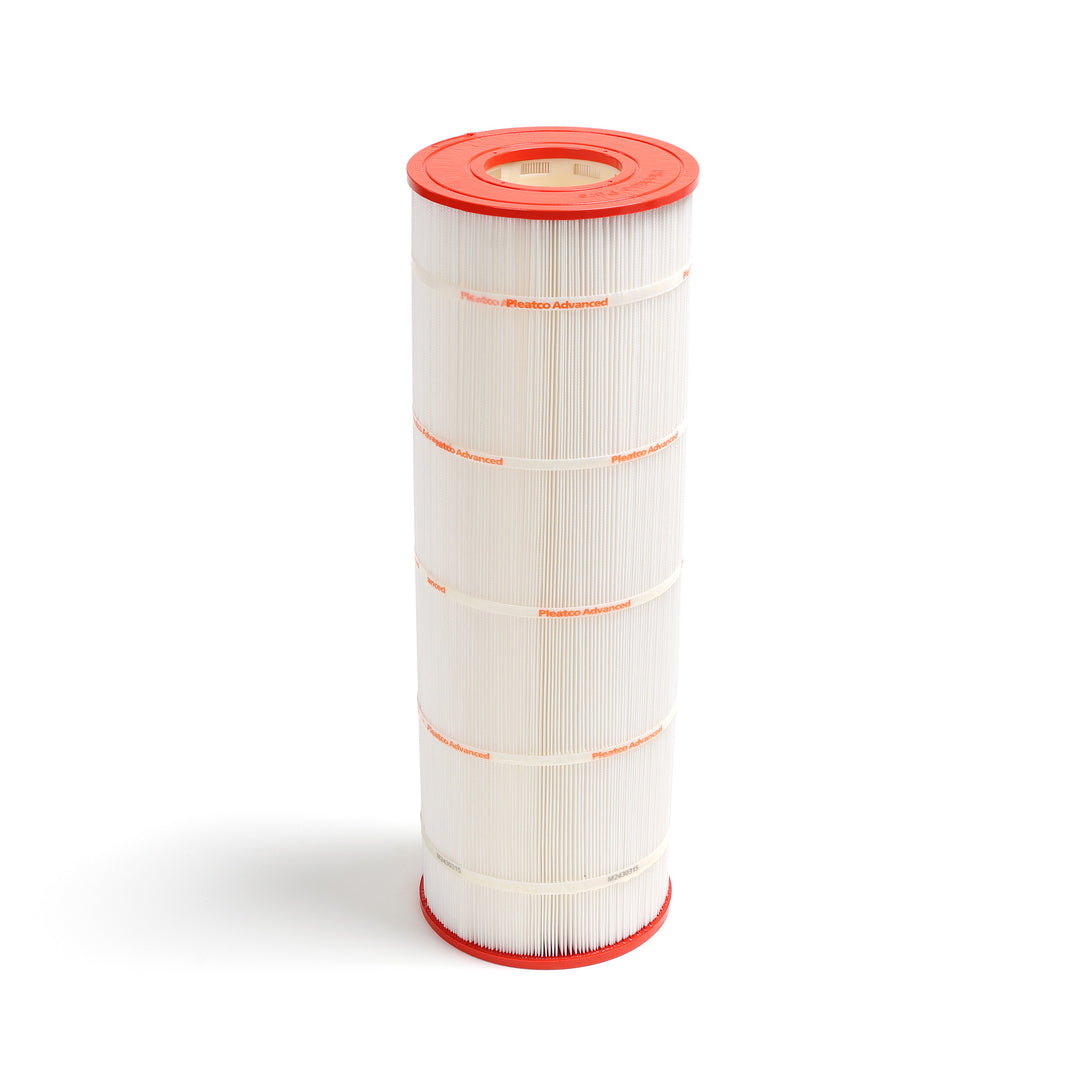 Pleatco PSR100 spa filter cartridge with 100 square feet filtration area featuring white pleated material and red end caps