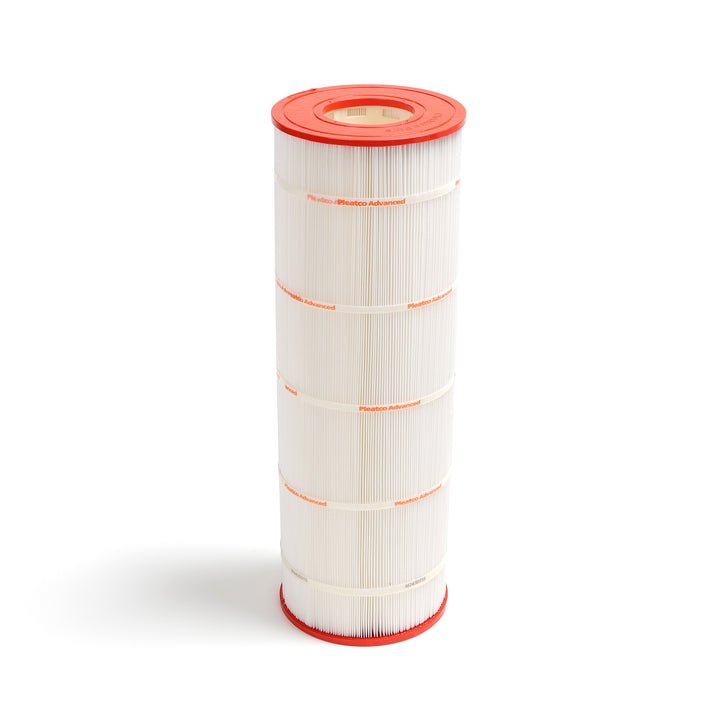 Pleatco PSR100 spa filter cartridge with 100 square feet filtration area featuring white pleated material and red end caps