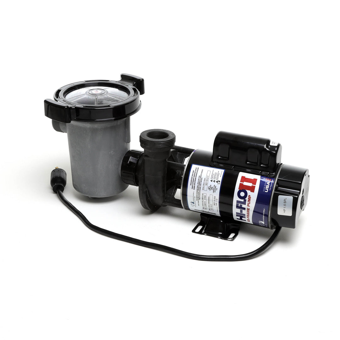 Waterway 2 HP Hi-Flo 2 dual-speed above ground pump in black and gray with attached clear lid strainer and black twist-lock power cord