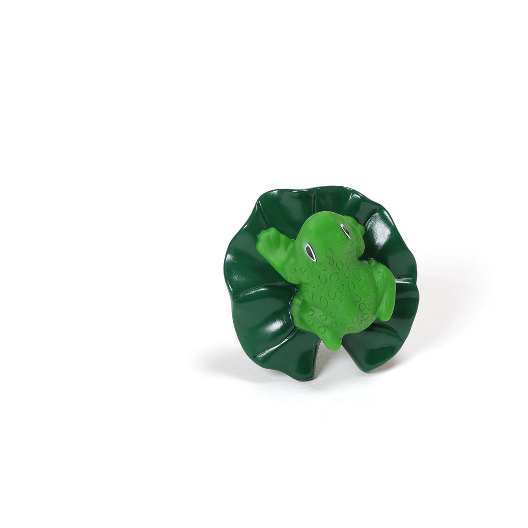 Ocean Blue floating frog thermometer in bright green sitting on a dark green lily pad shape on a white background