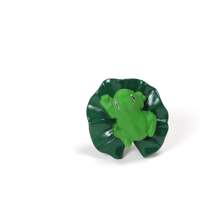 Ocean Blue floating frog thermometer shaped like a green frog sitting on a dark green lily pad with textured skin details