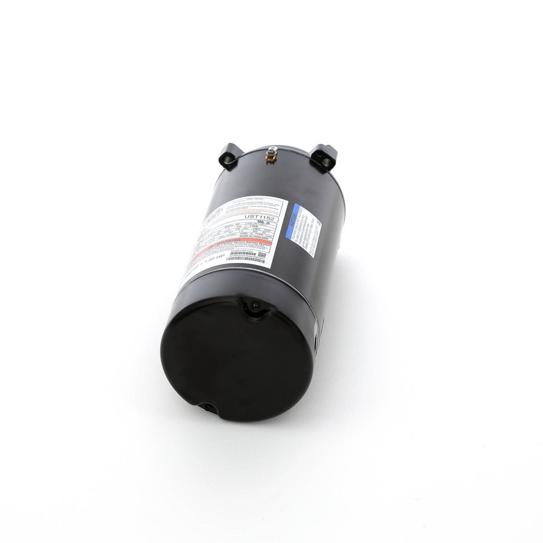 Century pool pump motor black cylindrical body with threaded shaft and product specification labels visible