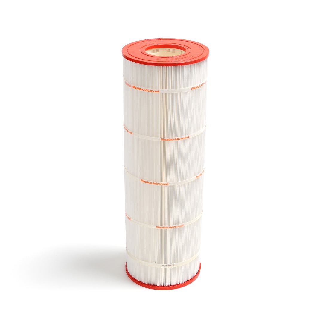 pleatco psr100 spa filter cartridge with white pleated material and red end caps showing cylindrical shape and pleatco branding