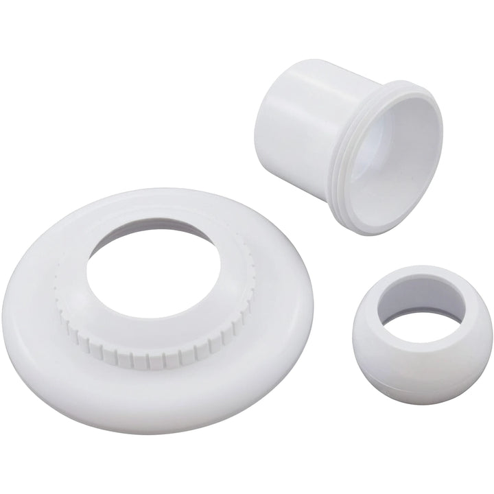 White plastic Hayward SP1422E flanged eyeball fitting, three parts: ribbed flange, threaded slip fitting, and eyeball insert.