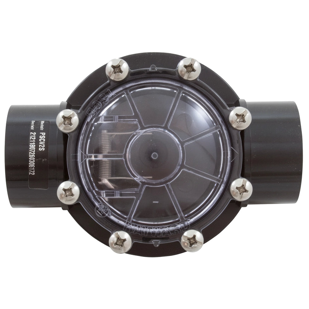 Hayward PSCV2S 1 1/2" x 2" CPVC check valve, black body with clear cover, six screws, straight pipe ends.