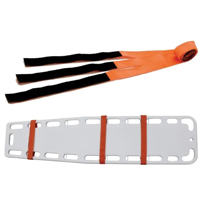 Kemp Velcro spineboard straps in bright orange with black hook and loop ends, three straps shown on white spineboard
