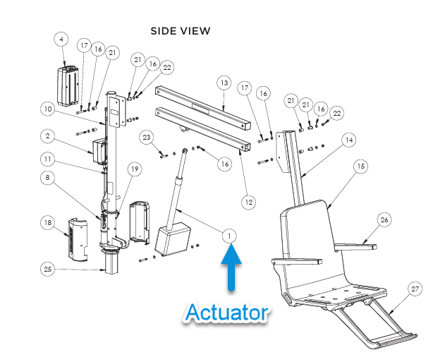 technical line drawing showing exploded side view of pool lift components including actuator, frame, seat, and hardware