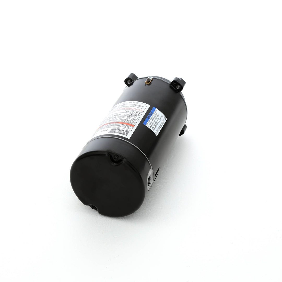 Century pool pump motor in black cylindrical shape with warning labels and mounting brackets visible on a white background