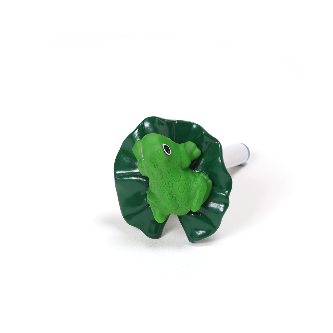 Ocean Blue floating frog thermometer with a bright green frog figure sitting on a dark green lily pad with a white thermometer stem