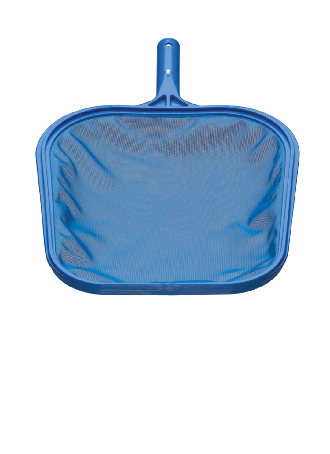 blue standard leaf skimmer with fine mesh net and short handle designed for pool cleaning