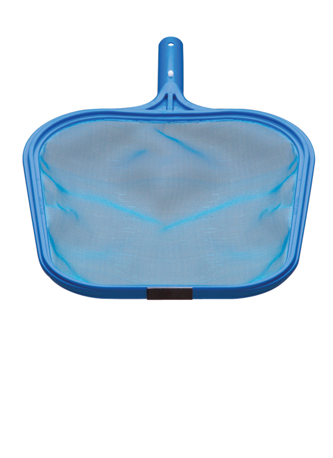 Blue plastic framed leaf skimmer with fine mesh net and short handle featuring a built-in magnet
