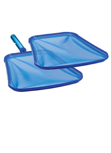 two blue leaf skimmers with fine mesh nets and aluminum handles shown against white background