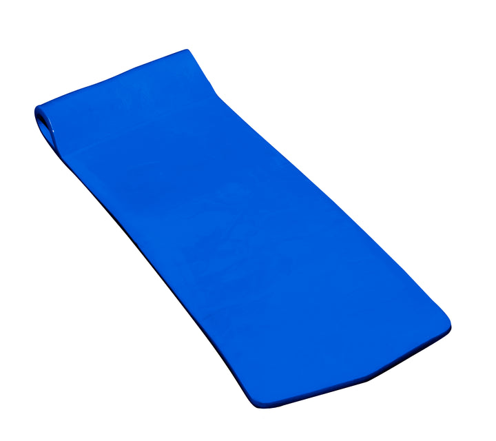 Swimline Sofskin floating mattress in bright blue with a raised headrest and rectangular shape thick 1.25 inches