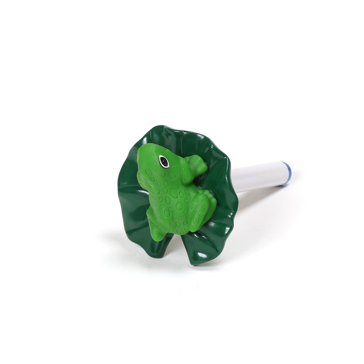 Ocean Blue floating frog thermometer with bright green frog on dark green lily pad attached to a white cylindrical stem with blue ring