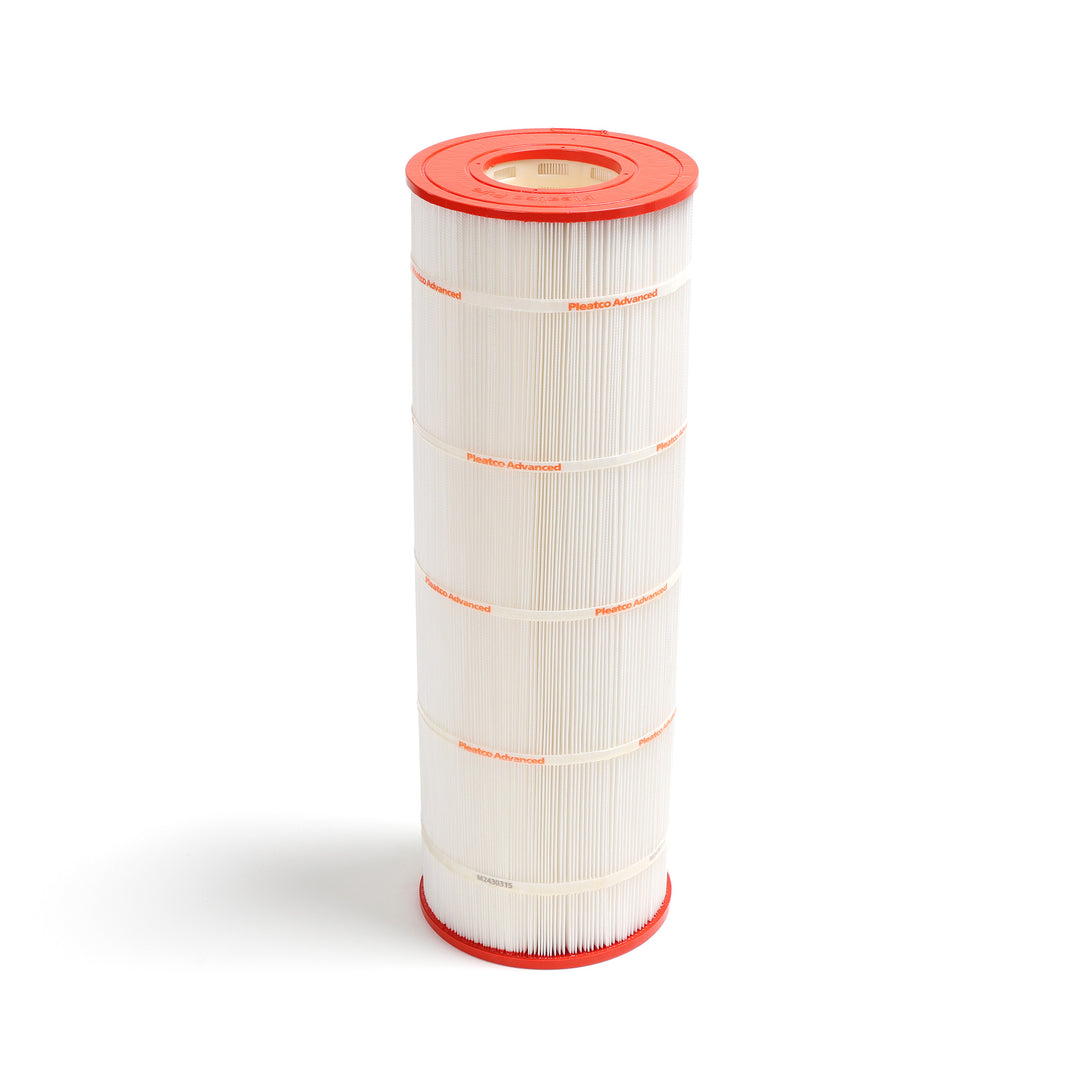 pleatco psr100 spa filter cartridge with white pleated material and red end caps standing upright on white background