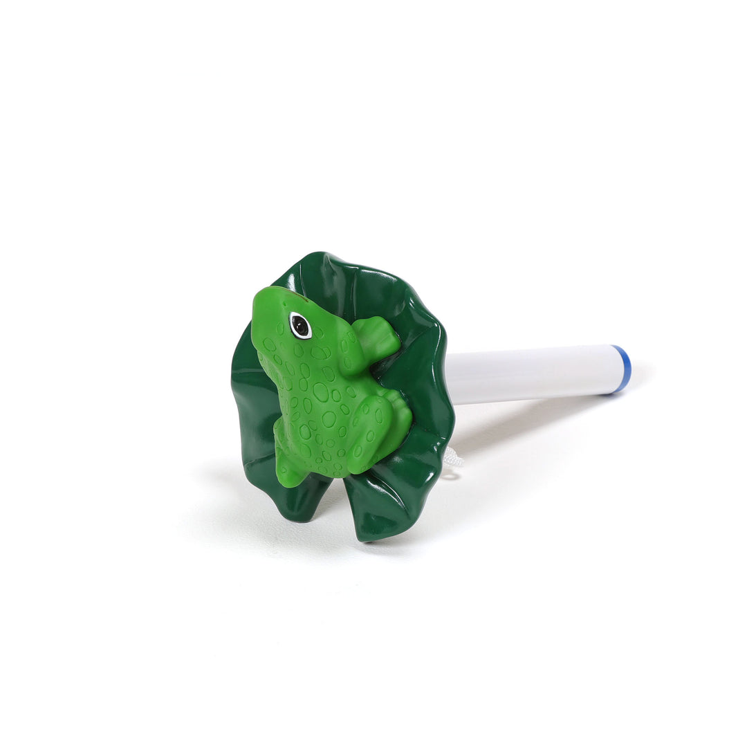 Ocean Blue floating frog thermometer with a bright green frog sitting on a dark green lily pad attached to a white cylindrical stem with a blue tip