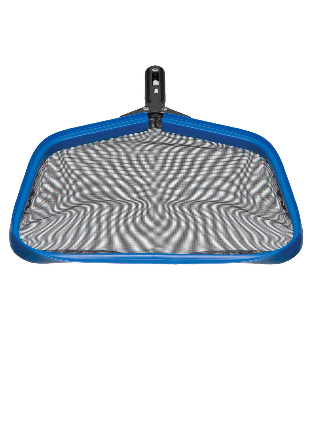 Blue aluminum frame heavy duty leaf skimmer with black chemical resistant fine mesh and black attachment handle