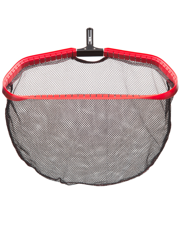 black mesh net with a red plastic frame and black handle attachment at the top center