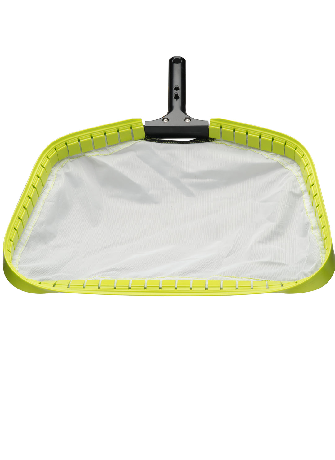 Leaf skimmer with a bright yellow plastic frame and fine white mesh net in a triangular shape with black handle attachment