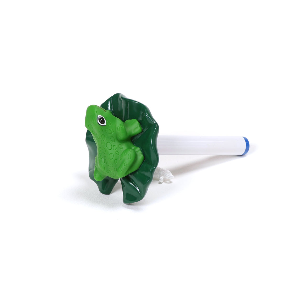 Ocean Blue floating frog pool thermometer with green frog on dark green lily pad attached to white plastic stem with blue tip