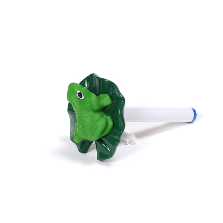 Ocean Blue floating frog pool thermometer with green frog on dark green lily pad attached to white plastic stem with blue tip