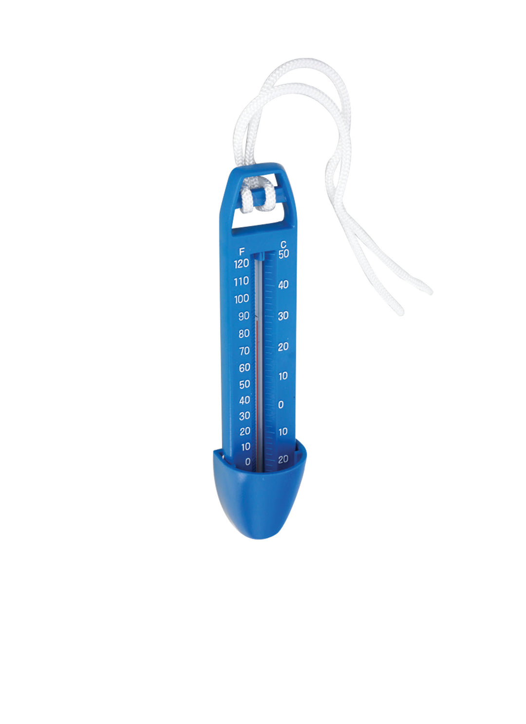 small blue scoop thermometer with white hanging cord and temperature scale in Celsius and Fahrenheit